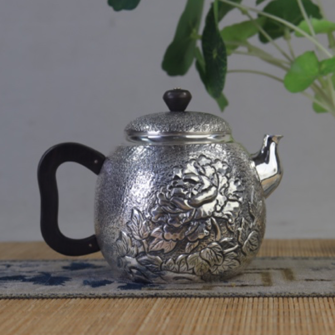 手工浮雕牡丹功夫茶壶复古做旧家用手工银茶壶茶具