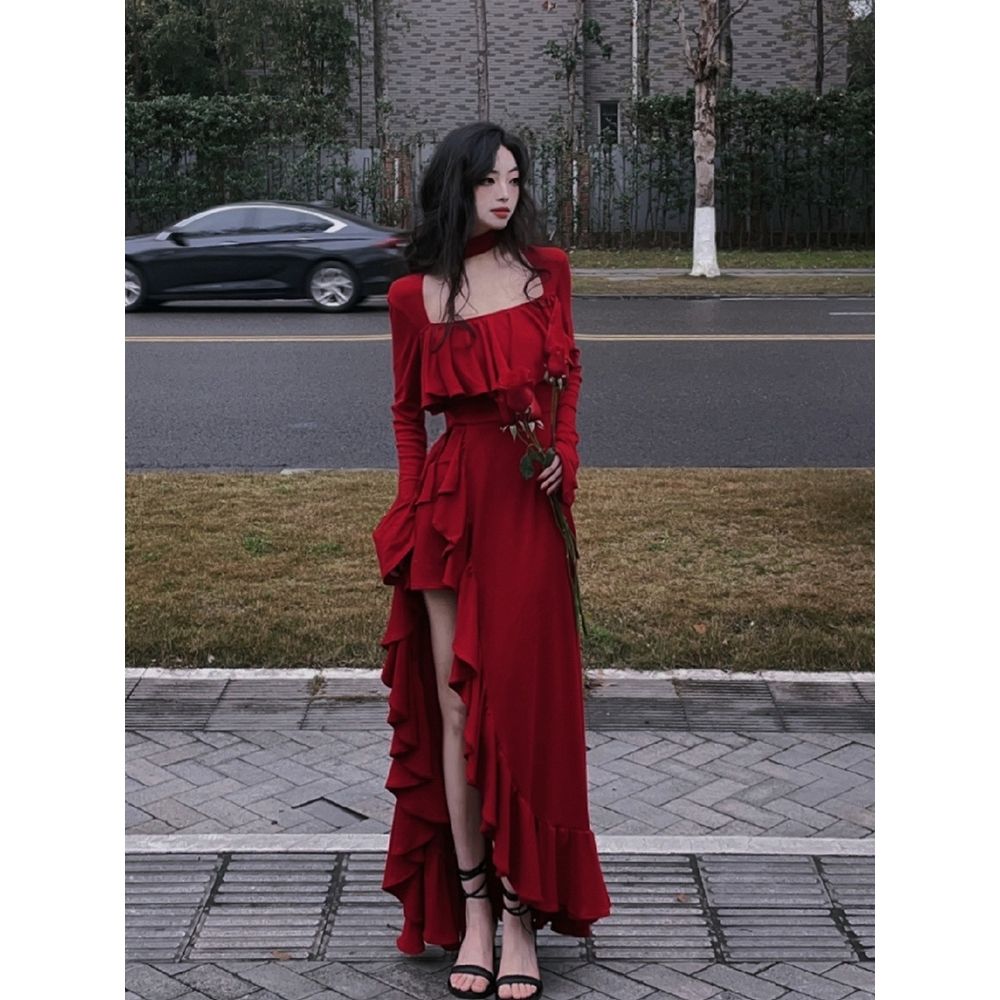 法式浪漫赫本风红色大裙摆连衣裙女成人夏天艺术高级感泰式长裙子