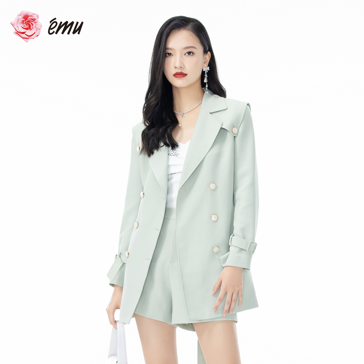 emu/依妙【商场同款】冰雪琉璃翻领双排扣西服外套气质中长款风衣
