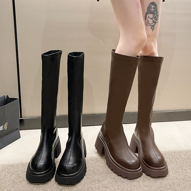 2023年新款小个子中筒长靴女不过膝厚底增高筒骑士靴女显瘦长筒靴