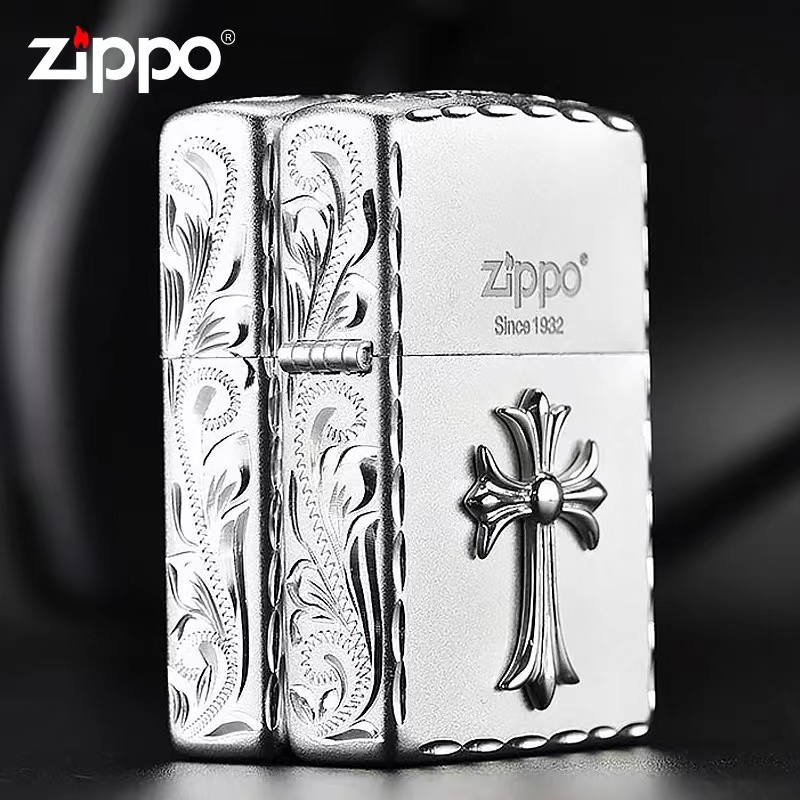 ZIPPO打火机正品/手雕侧面压边繁华【S925银克罗心贴章】DYJ1
