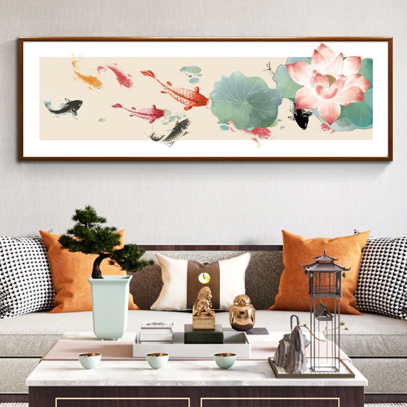 新中式荷花九鱼图十字绣客厅中式现代满绣36色无勾边