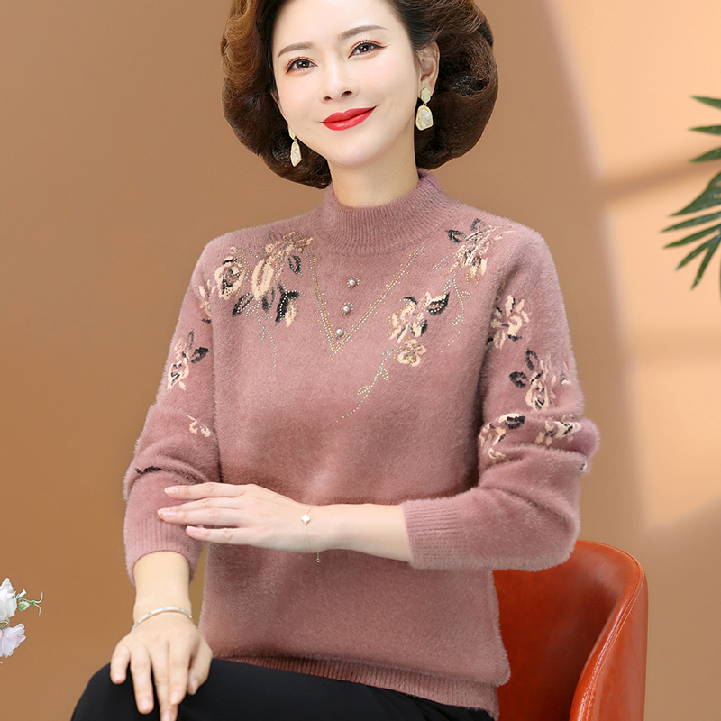 恒源祥彩羊妈妈装秋冬水貂绒毛衣2023新款50岁中老年女加绒打底小