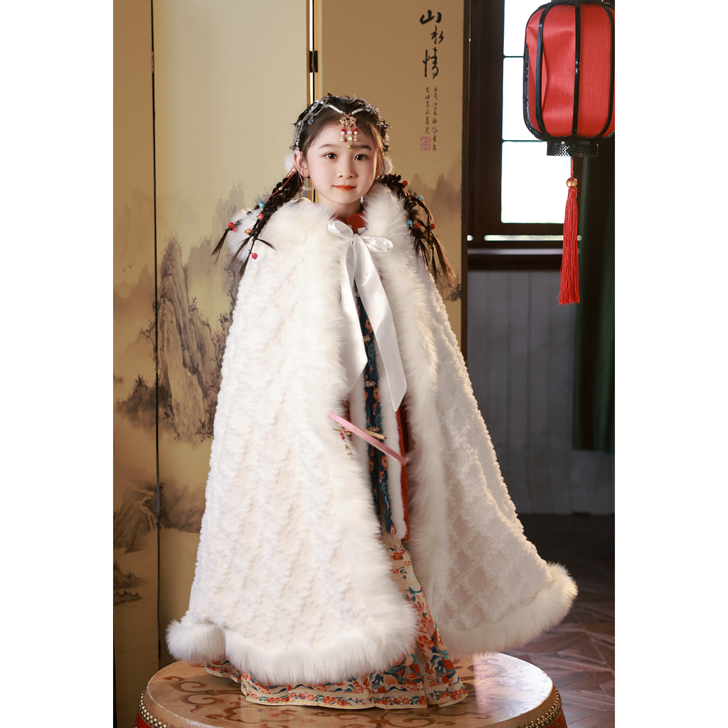 女童中国风旗袍披风冬装儿童旗袍加绒加厚秋冬拜年服大童公主洋气