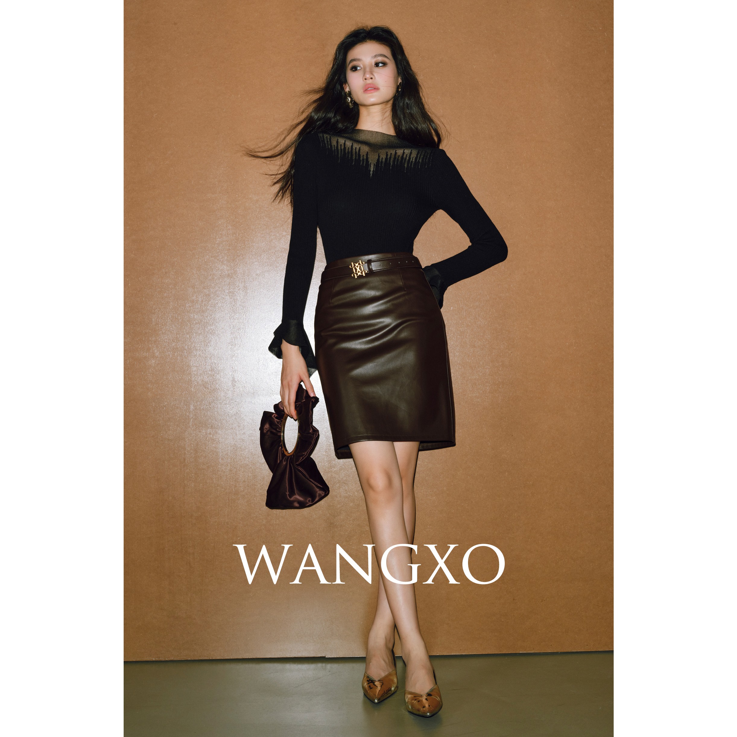 WANGXO 高腰修身长款皮裙+皮短裙2301520S