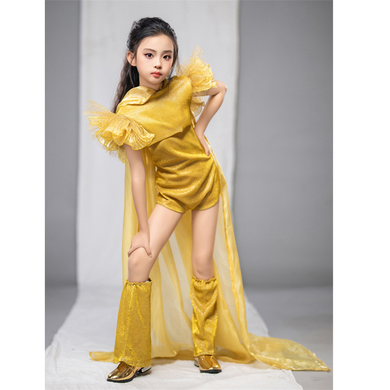  女童金色T台走秀潮服连体衣显腿长小众演出服机车cp模特大赛机车