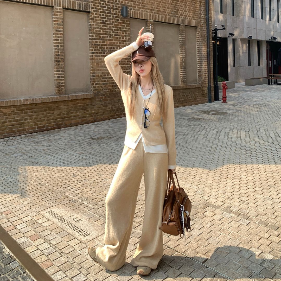 【云水青川】秋冬新款时尚洋气宽松假两件上衣高腰直筒休闲长裤