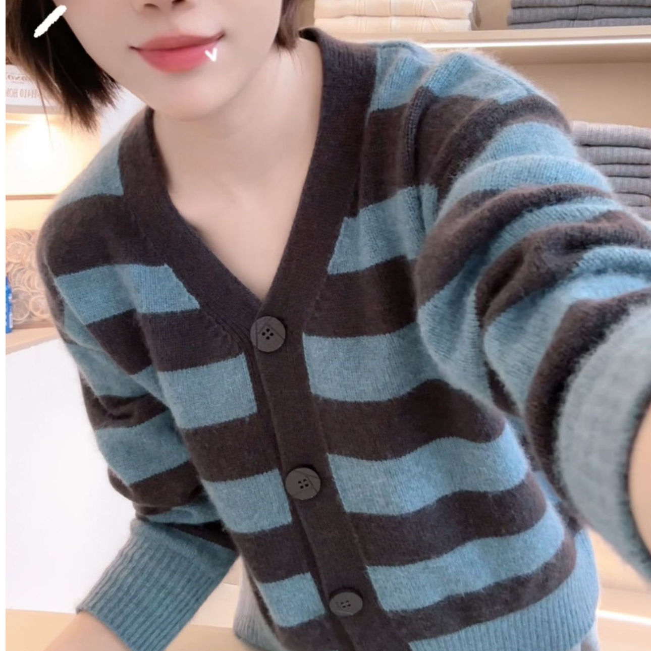 [编码D279]妮妮家秋冬厚宽松新款条纹韩版宽松V领长袖针织开衫女