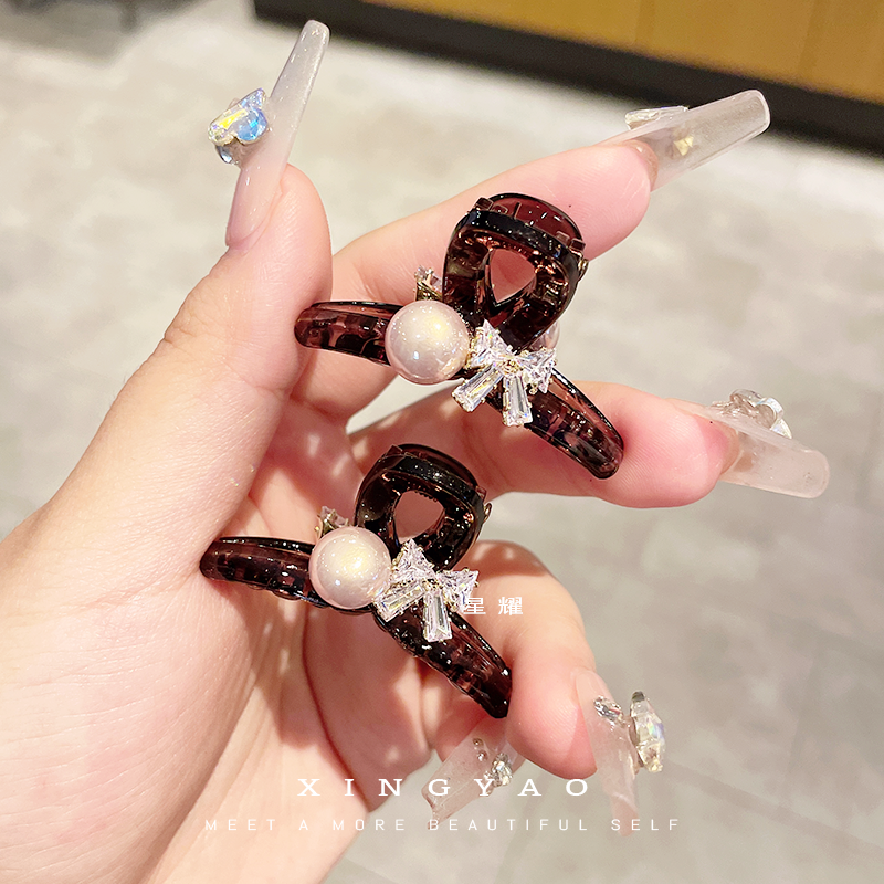 XYAO F392锆钻粉珠棕色简约时尚优雅ins刘海小抓夹韩系百搭发抓