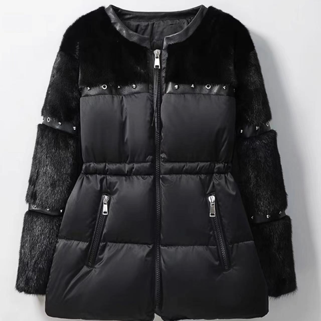 欧货2024新款皮草女獭兔毛拼接真皮圆领收腰铆钉鹅钱外套