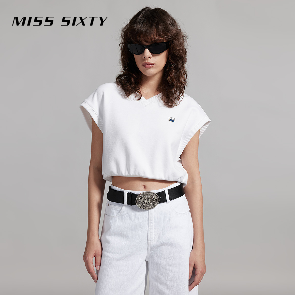 Miss Sixty夏季新款含天丝T恤女V领飞袖尤莱特运动风短款上衣