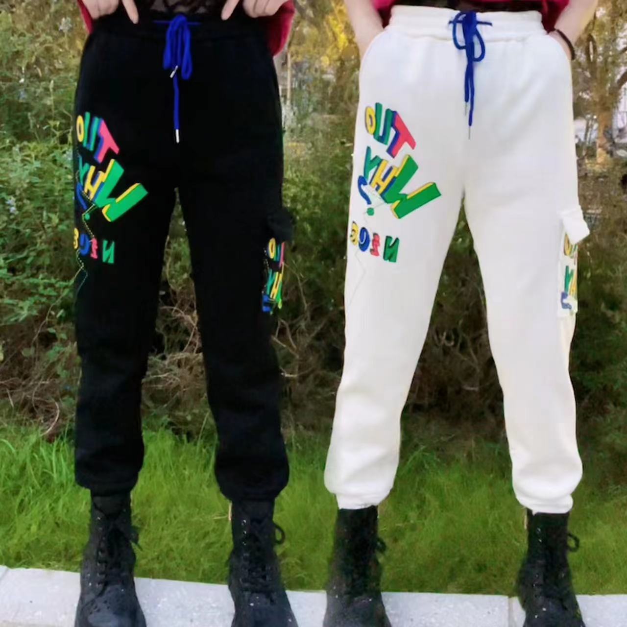 【秋冬款】时尚洋气潮流高腰松紧腰直筒印花字母重工休闲卫裤女815