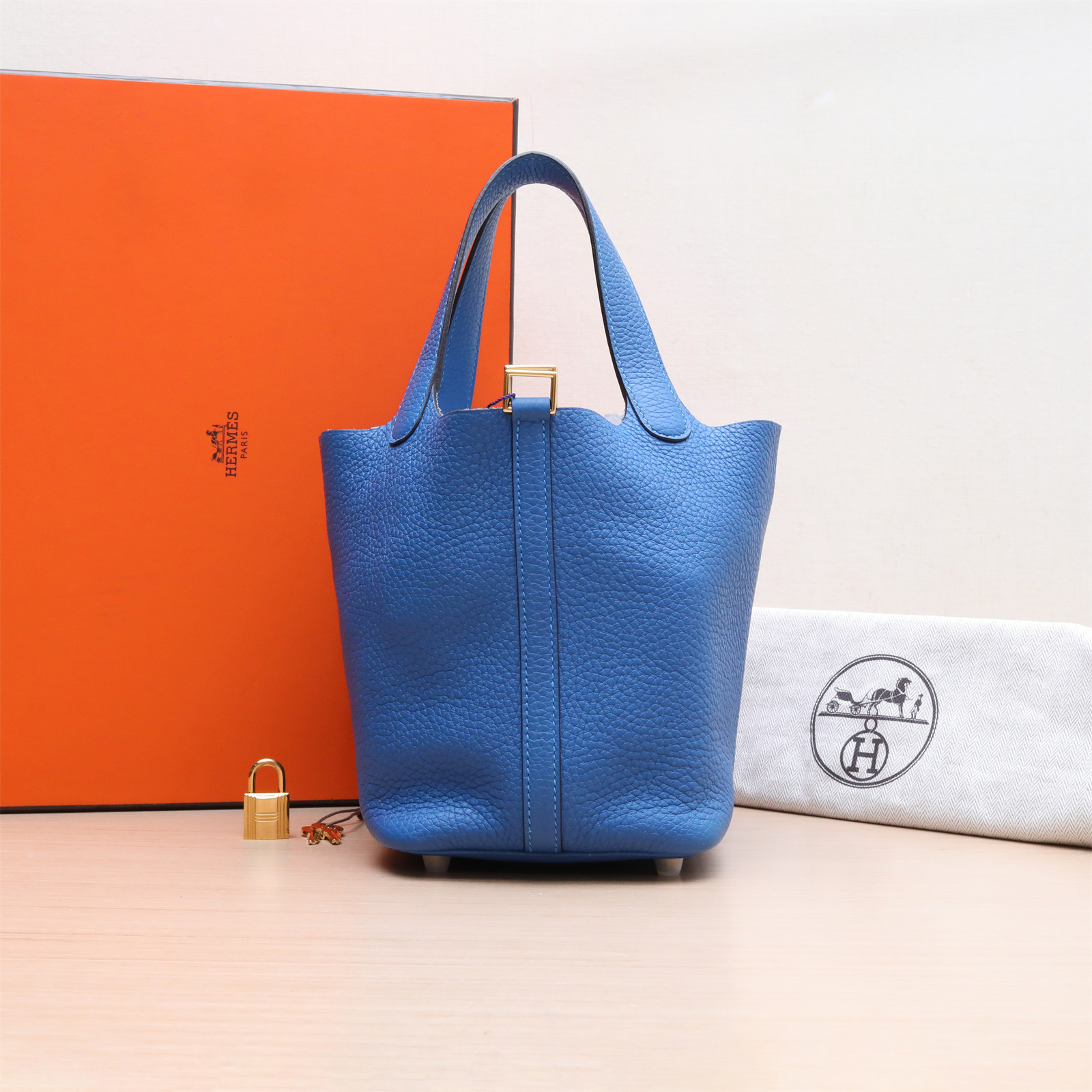 95新 Hermes/爱马仕 小花双双 450672 18 菜篮子 希腊蓝 TC皮 Y刻