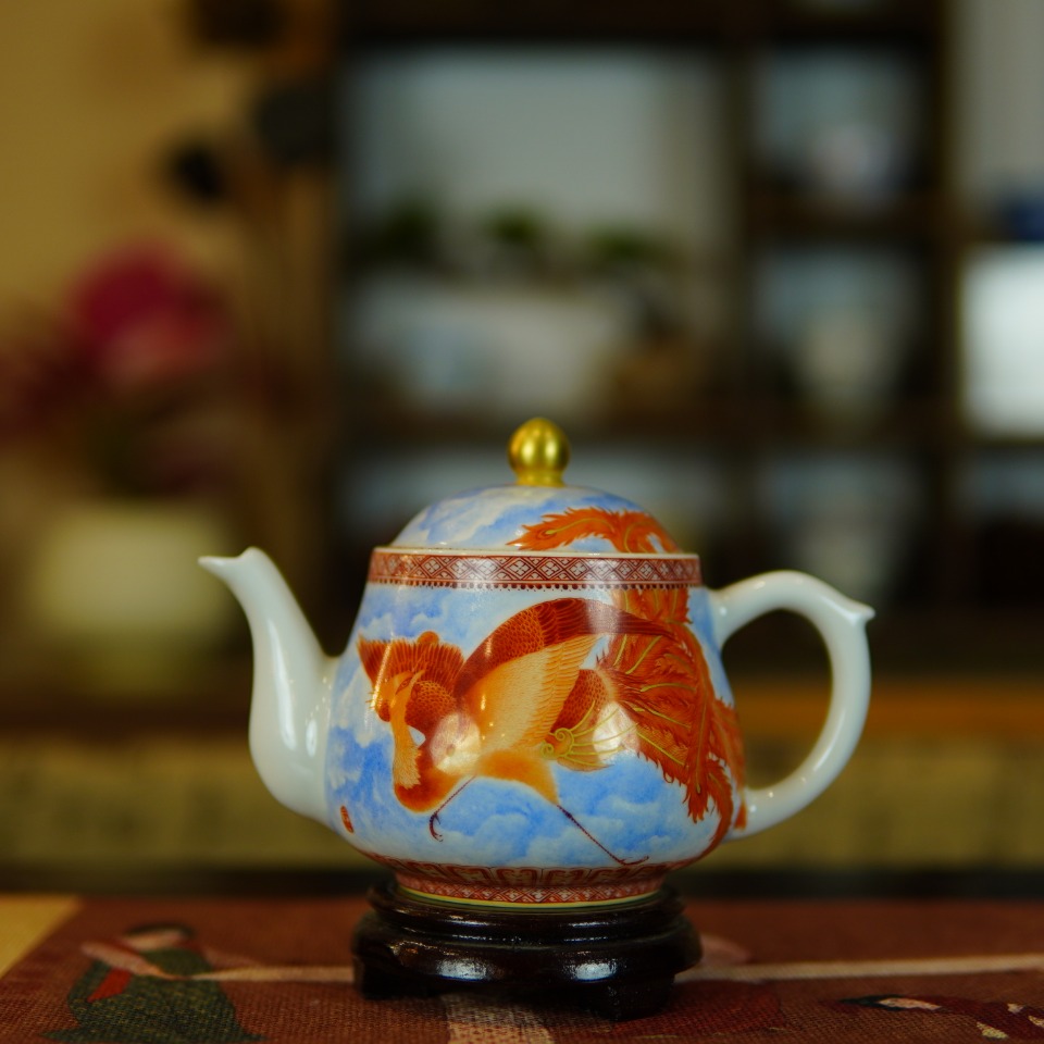 预拍矾红描金祥凤来仪诗文茶壶陶瓷纯手工中式蝶恋花珐琅彩精美