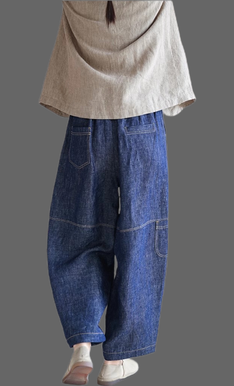 春秋夏三季可穿高定色织斜纹汉麻牛仔裤宽松阔腿裤子女裤