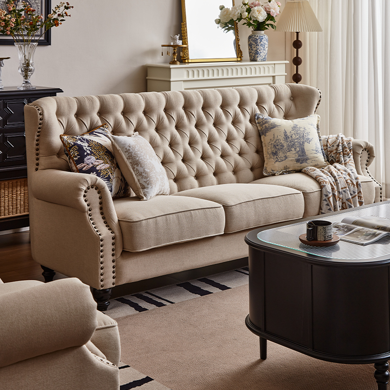 吉森美式复古棉麻布艺沙发组合米色客厅2024新款直排家用三人SOFA