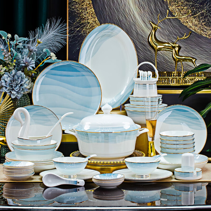 景德镇正宗陶瓷碗家用轻奢中式碗盘餐具整套碗碟套装乔迁新居送礼