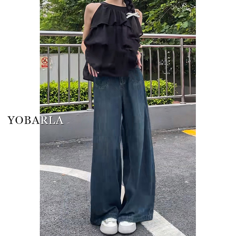蓝色直筒牛仔裤女秋季新款高腰大码宽松显瘦拖地梨形身材阔腿裤
