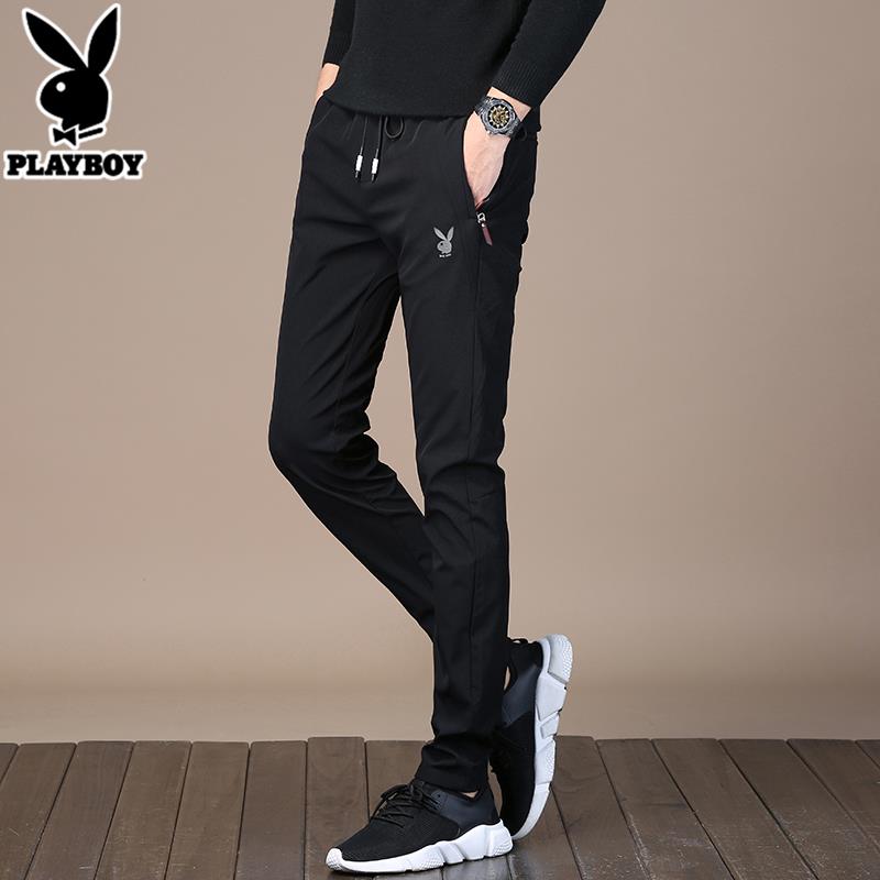 PLAYBOY秋冬季休闲裤男士2023新款潮黑运动弹力加绒小脚长裤子男