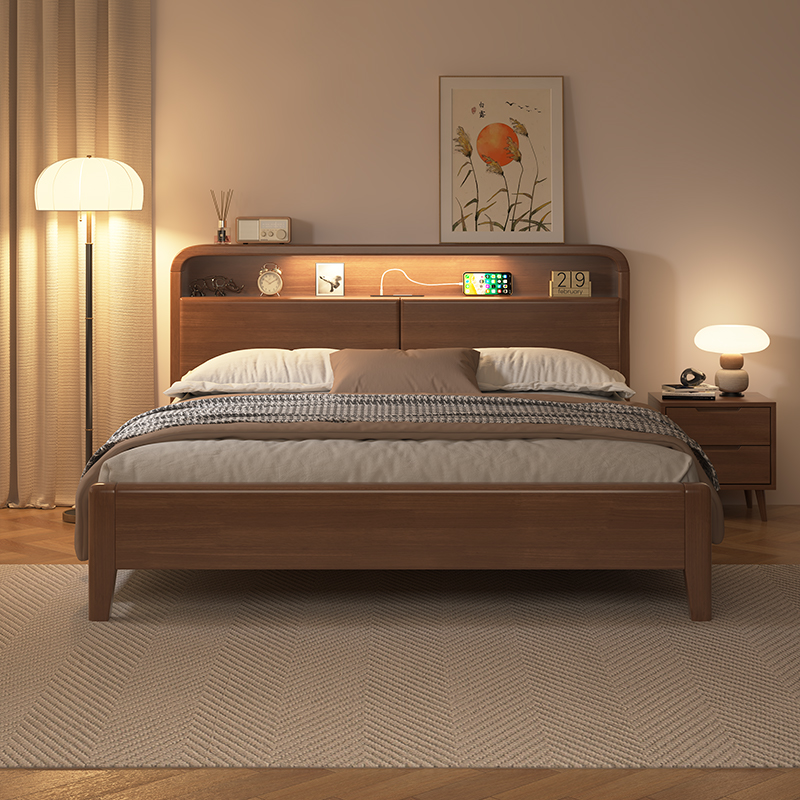单床高度可调节实木主卧家用民宿经济型大床126胡桃色原木色白色