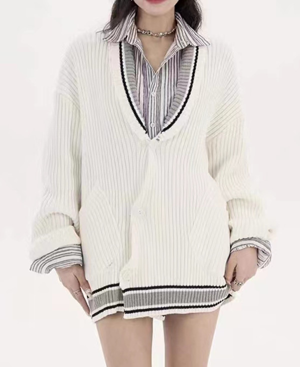 轻奢棋慵懒风宽松V领开衫毛衣外套春秋款韩系穿搭学院风时尚7933