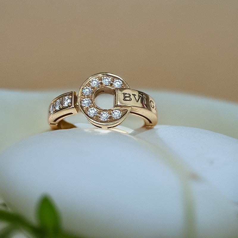 95新 BVLGARI/宝格丽 宝格丽玫瑰金镶钻铜钱戒指53号