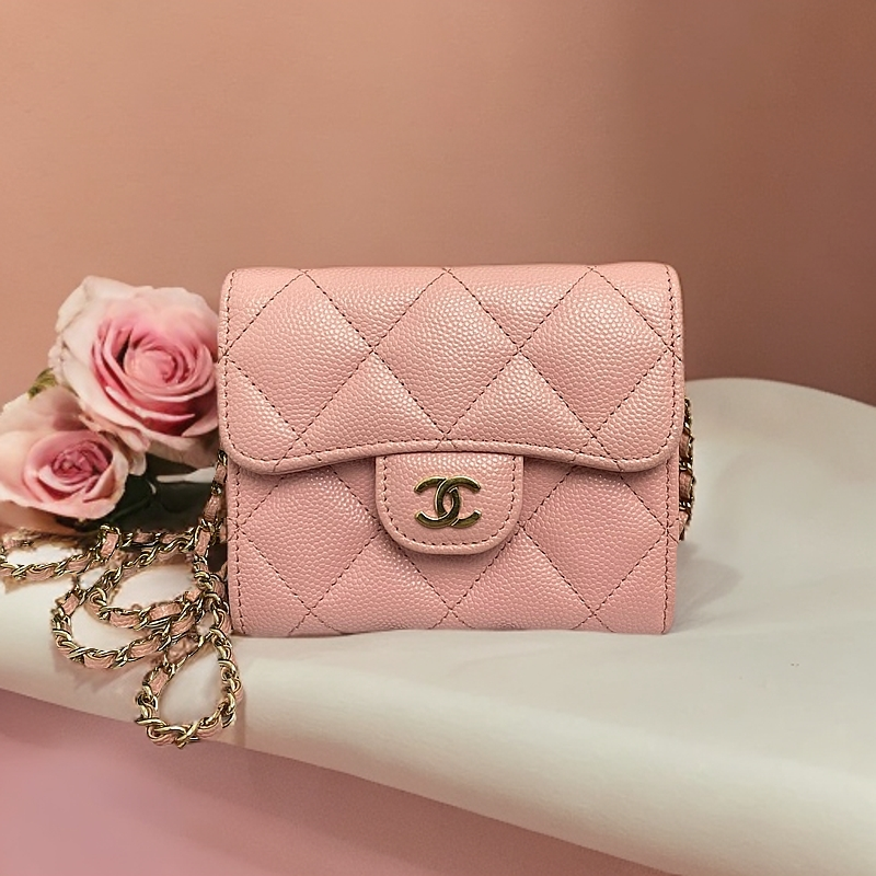 95新 Chanel/香奈儿 荔枝纹粉色钱包卡包 31开 单肩包 10797871