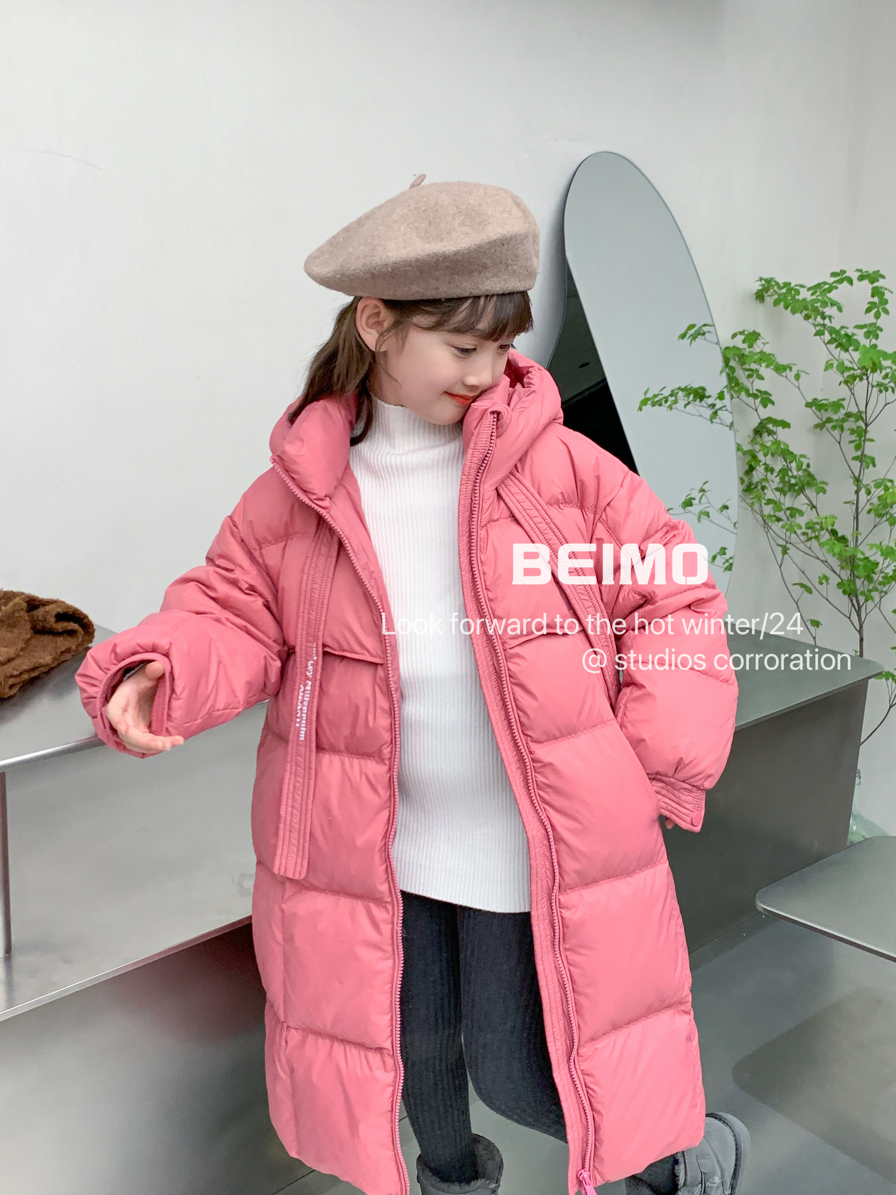 黑色飘带款羽绒服女童男童冬季中大童款面包服白鸭绒2024新款冬装