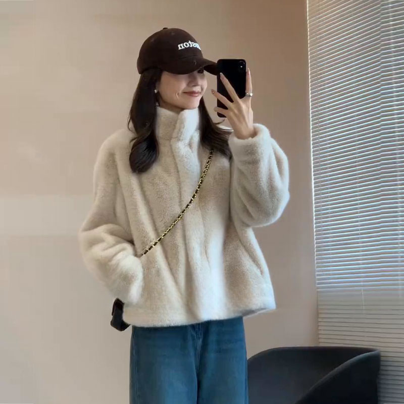  海宁2025新款皮毛一体外套女冬季立领加厚环保毛毛外套短款上衣