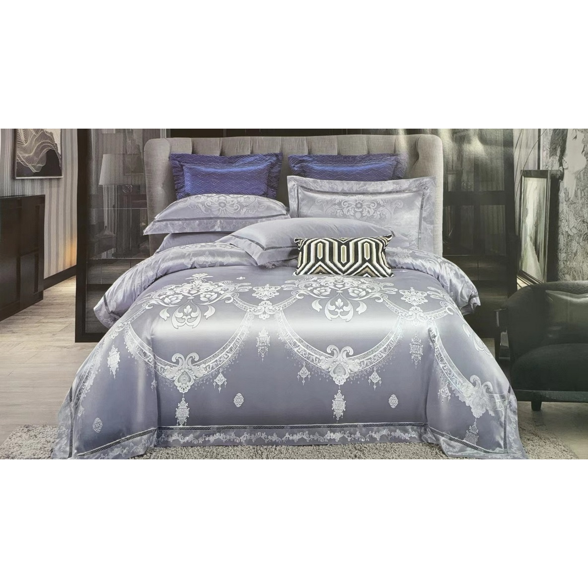 都市爱情-蓝灰-全棉轻奢欧式简约贡缎提花四件套-【M199】