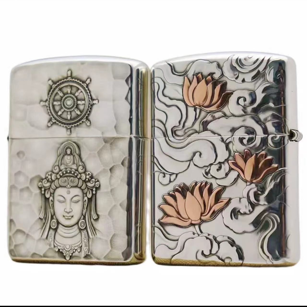 ZIPPO/之宝打火机观心步步生莲银盔甲机双面雕刻防风煤油男士DYJ1