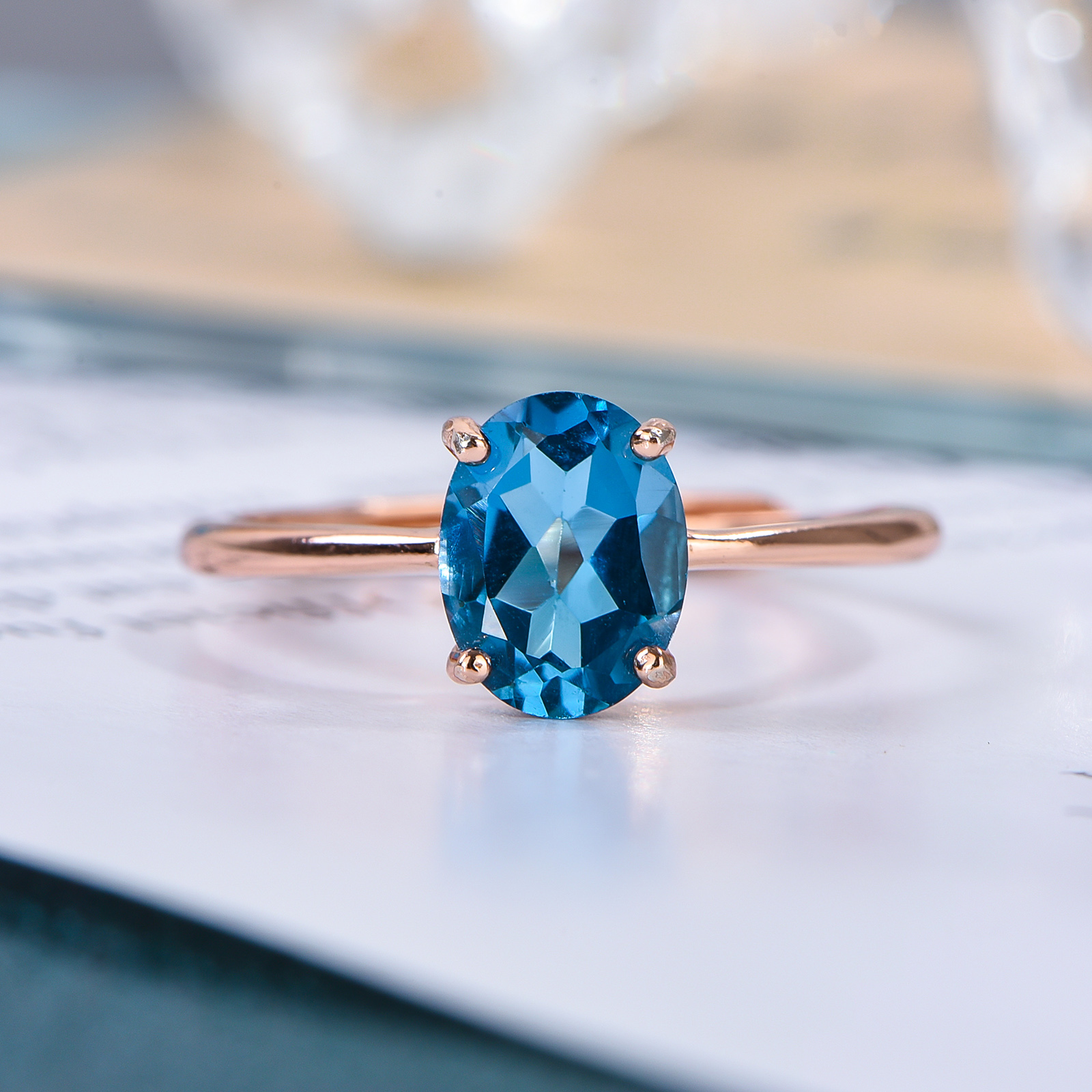 宇彩家925银镶嵌托帕石戒指气质蓝色轻奢时尚女士托帕石简单精致