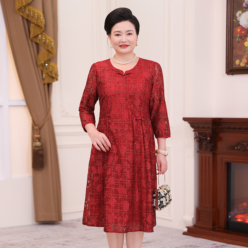 喜妈妈洋气婚宴礼服长裙红色春秋款改良旗袍连衣裙女喜庆WH24661