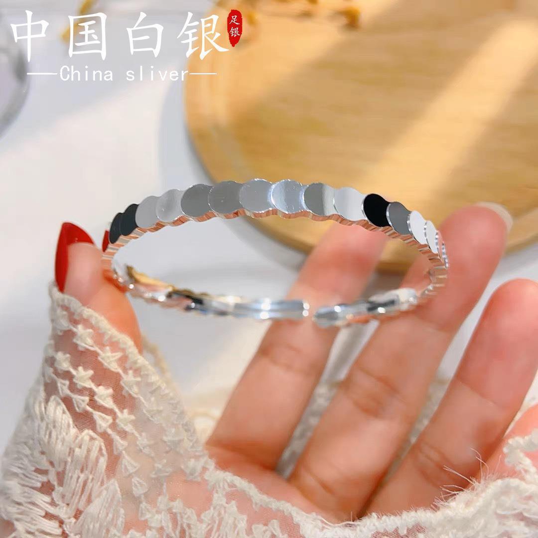 足银手镯   9999纯银手镯女波光粼粼亮面实心足银镯子年轻款小众