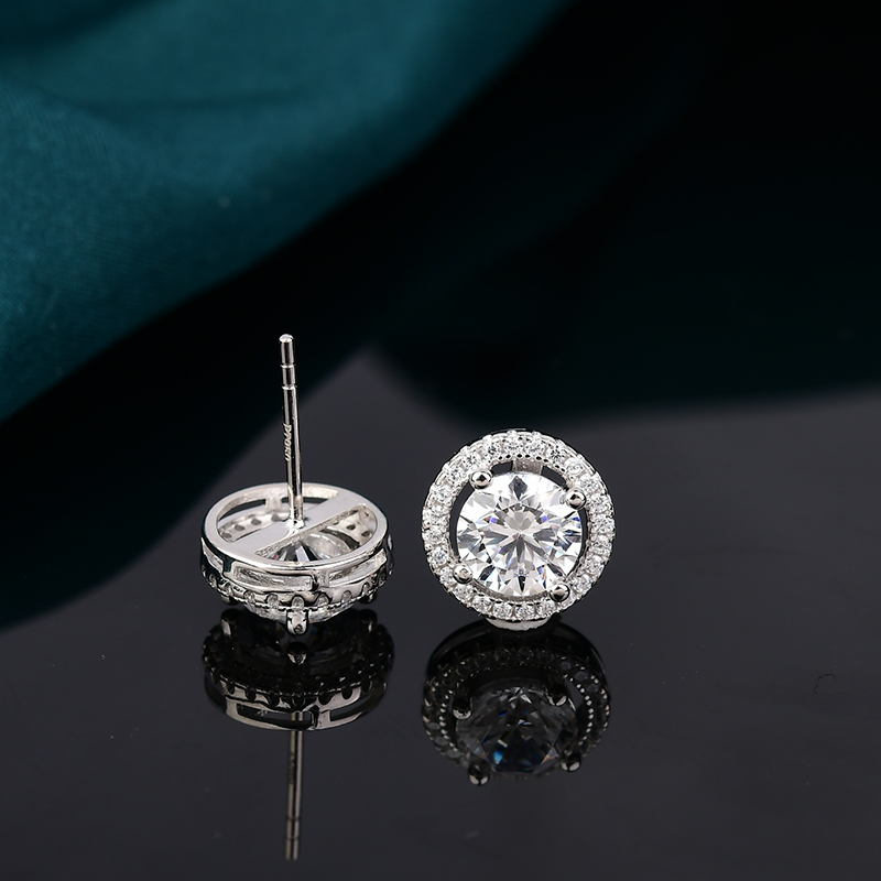 925银莫桑石耳饰 圆包耳钉女士时尚经典镶嵌女款手工50分到1ct