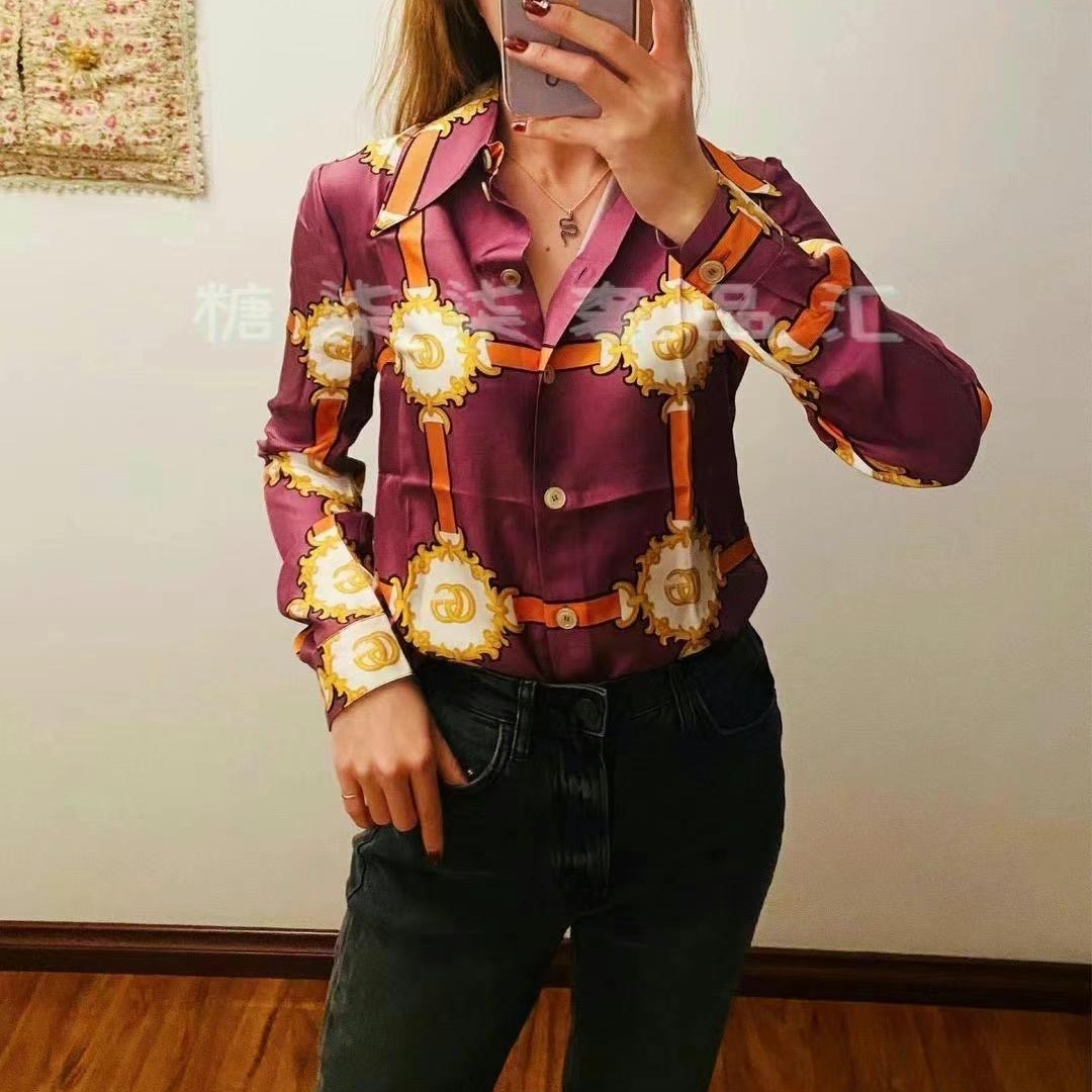 全新未使用 GUCCI/古驰 经典女士桑蚕丝衬衫 复古GG徽标印花 