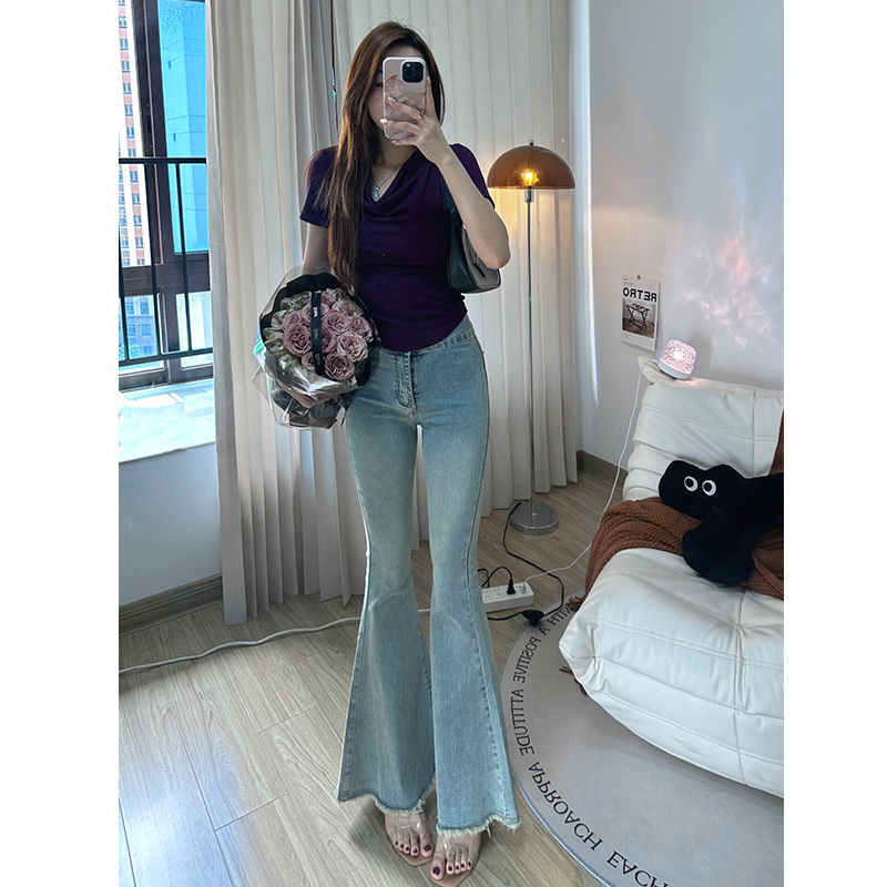 浅蓝色毛边微喇牛仔裤女2025冬季新款百搭显瘦显高鱼尾喇叭长裤