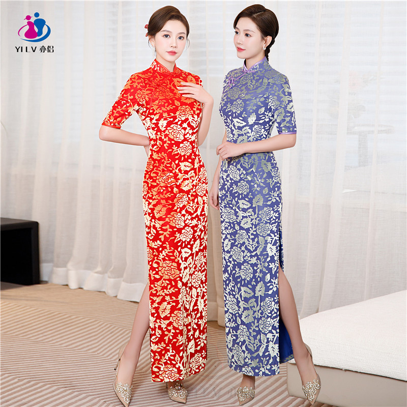 YILV/亦侣改良旗袍2023年新款高弹年轻气质长款连衣裙新中式走秀