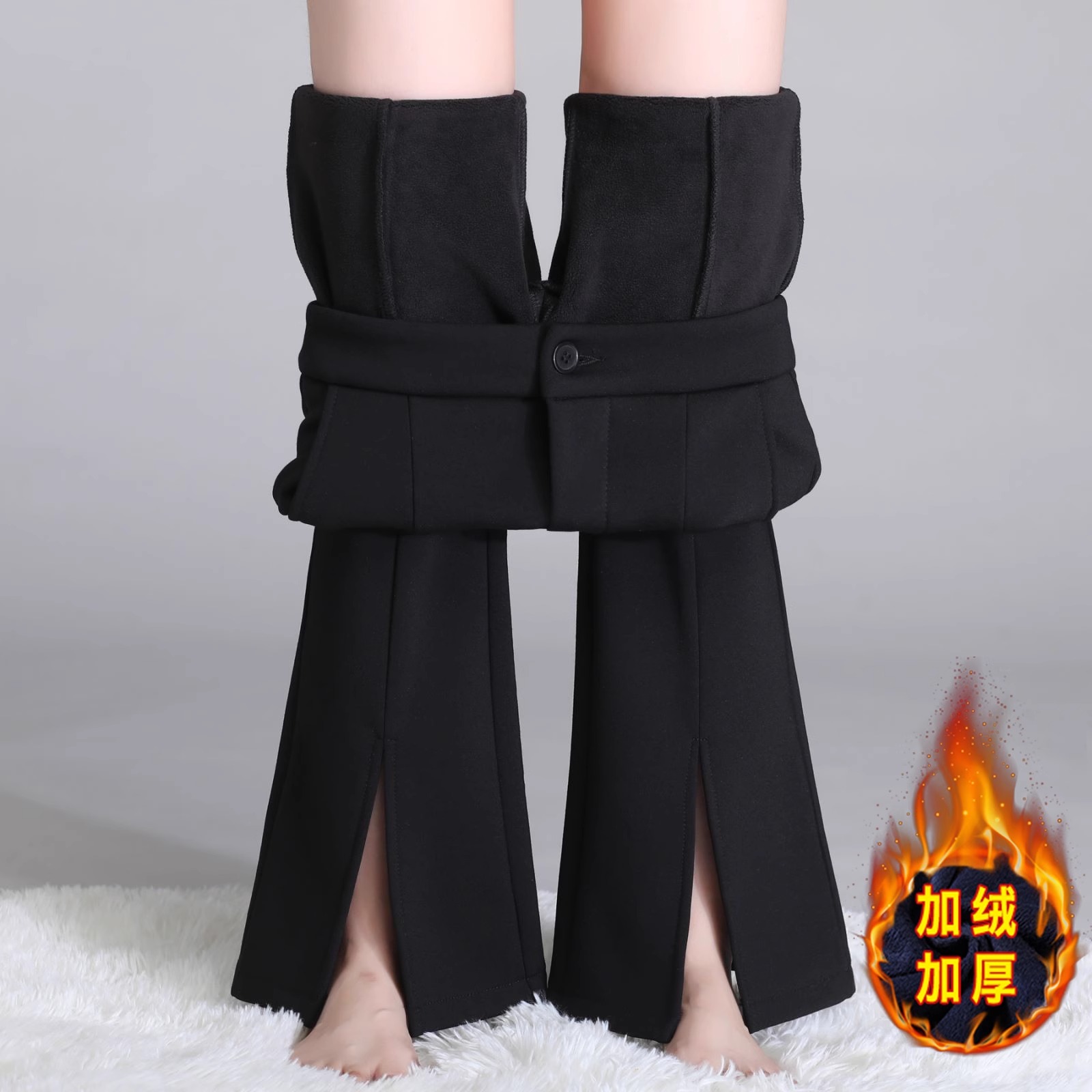 艾格丽芙琳加绒加厚西装裤女秋冬高腰显瘦休闲垂感开叉微喇叭裤子