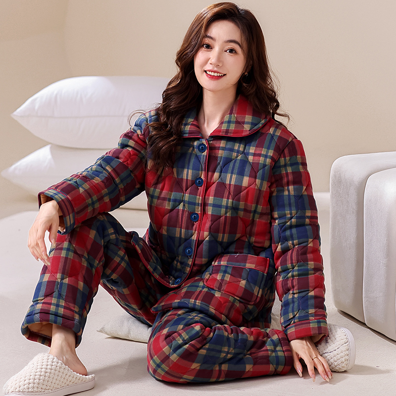 三层加厚夹棉睡衣女2023新款秋冬长袖长裤家居服两件套装可外穿