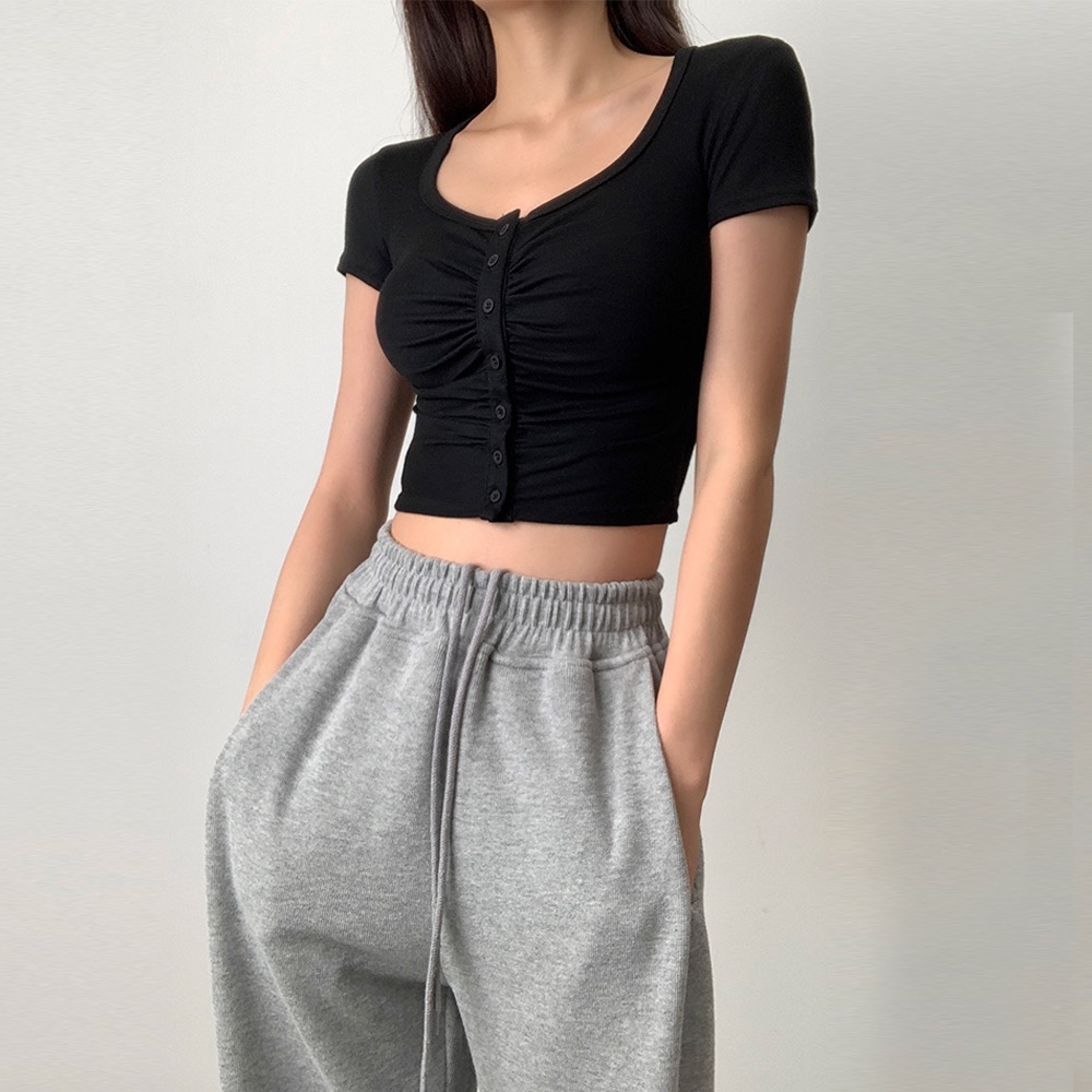 高个子加长版AliuStudio性感u领低胸收腰短款露肚脐褶皱短袖上衣