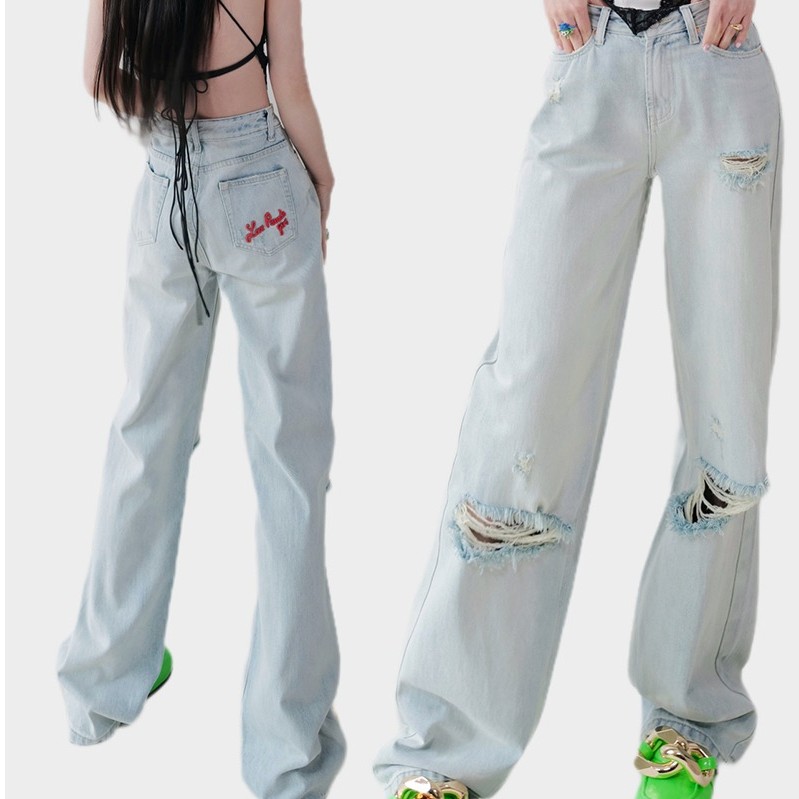 高个子175加长版直筒破洞牛仔女裤2023夏季薄款百搭水洗做旧拖地