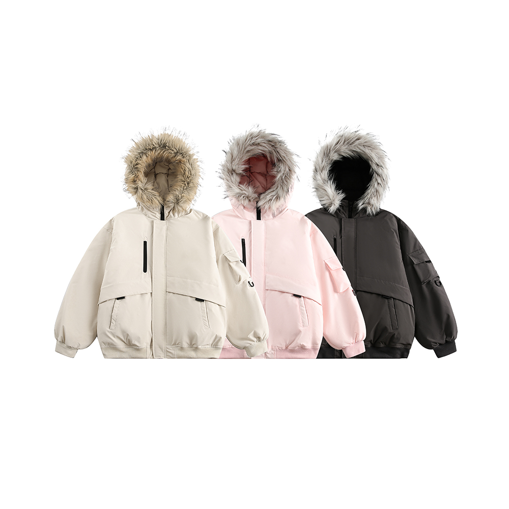 FDiary美式毛领连帽冬季潮牌宽松情侣派克男女90白鸭绒保暖羽绒服