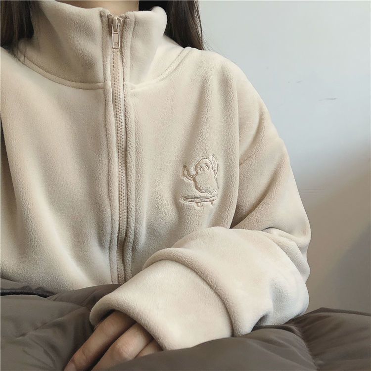 毛绒巨暖小火炉加厚奥利绒刺绣高领拉链卫衣开衫女绒衫摇粒绒外套