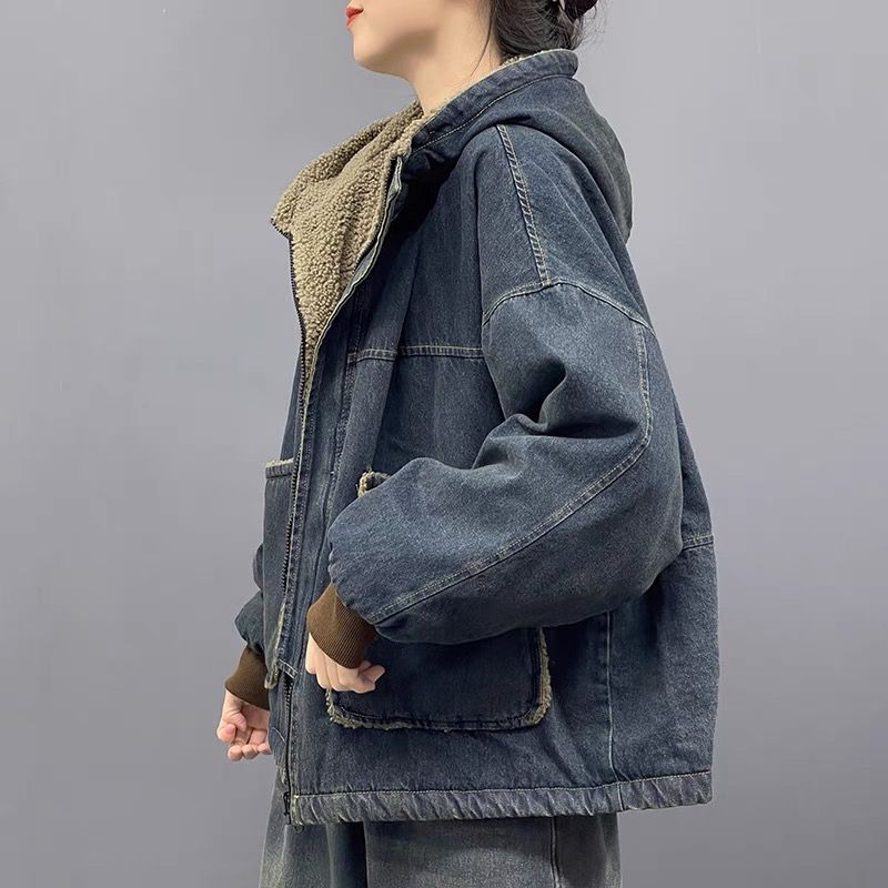 2024秋冬季牛仔棉服女复古做旧连帽牛仔外套女百搭加厚颗粒绒棉衣