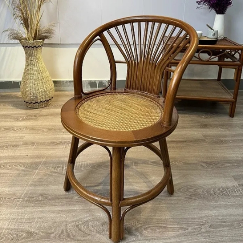 家用胡桃色旋转扇形小转椅藤编藤椅麻将椅化妆凳电脑椅休闲桌椅