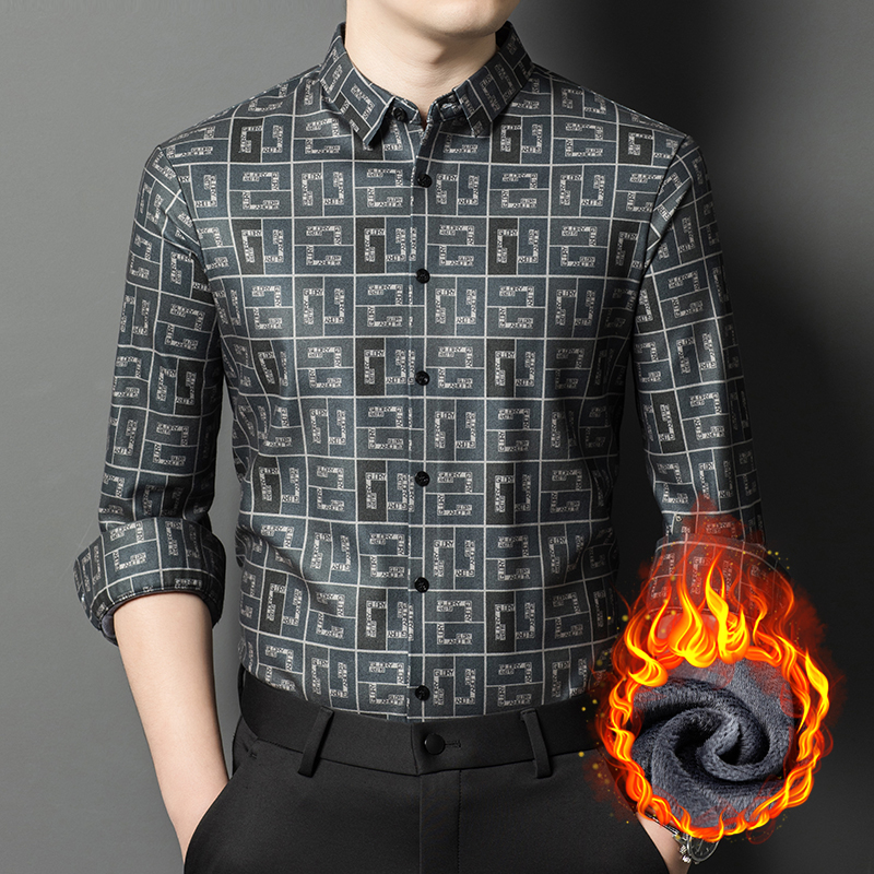 秋冬季加绒加厚男士高档长袖衬衫防寒保暖商务休闲中年衬衣爸爸装