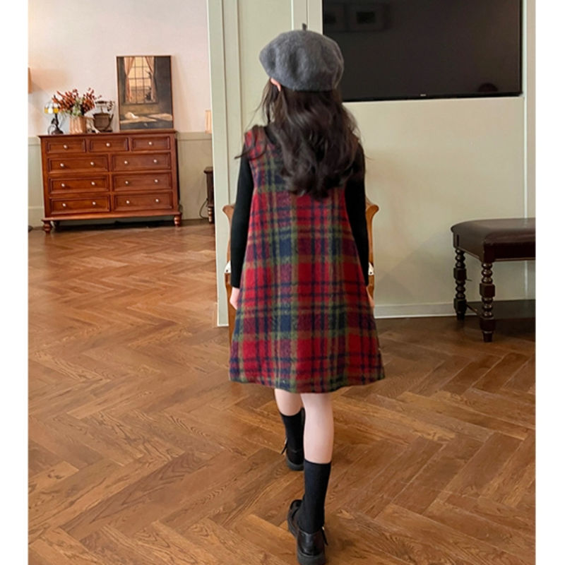 巴拉推荐女童裙子背心裙2023新款秋冬季无袖格纹红色格纹中大童呢