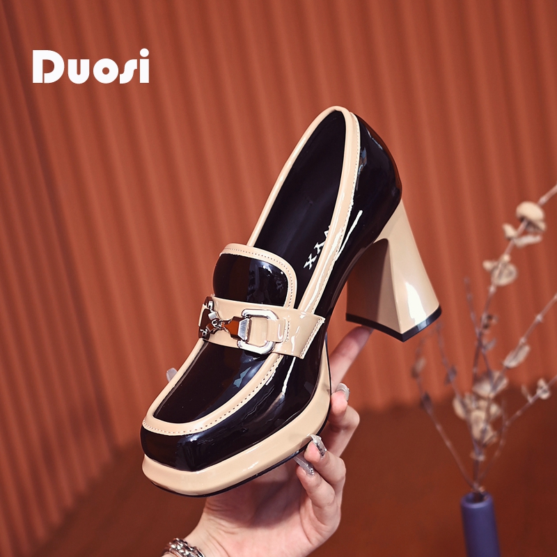 【DUOSI-1】8cm拼色时尚高跟鞋女欧洲站粗跟深口单鞋乐福鞋S1115