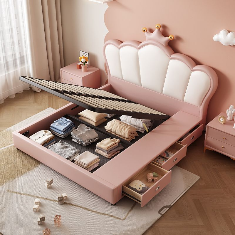 中冬儿童床女孩家用真皮床主卧大床皮艺床学生床高箱储物公主床